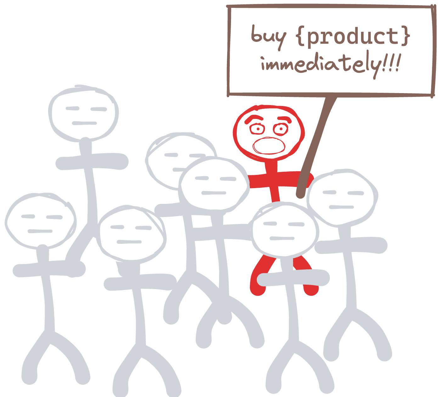 The same collection of grey stick figures with one red stick figure, holding a sign